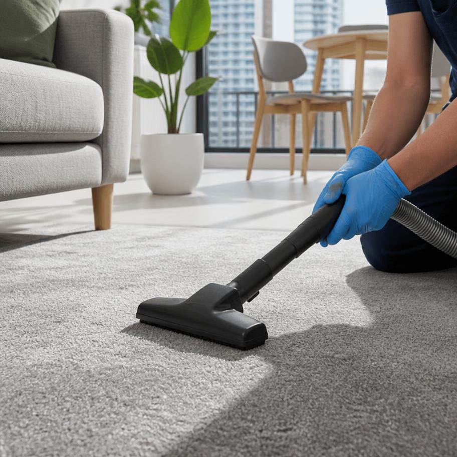 Cleaner vacuuming a light grey rug in a sunlit apartment